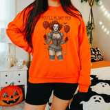You'll Float Too DTF Heat Transfer, Halloween-themed orange sweatshirt with Pennywise the clown graphic design.