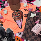 Jack-O-Lantern Ice Cream Sequin Patch, a Halloween themed decorative patch with a glittery pumpkin and ice cream cone design.