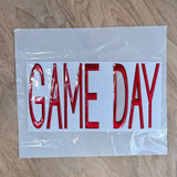 GAME DAY Puff Embroidered HAT/POCKET Patch - Various Colors, red embroidered patch with the words "GAME DAY" in uppercase letters on a white backing in a plastic packaging.