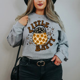 A Little Batty Leopard DTF Heat Transfer on a women's gray sweatshirt, featuring a leopard print design with Halloween pumpkins and stars.