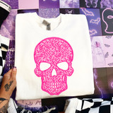 Pink Faux Lace Skull DTF Heat Transfer, product image showing a white T-shirt with a vibrant pink lace skull design on front.