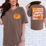 Take Me to the Pumpkin Patch Coquette SET DTF Heat Transfer, orange pumpkin with a red bow illustration on a woman's brown t-shirt, back view with the full design featuring the text 'Take Me to the Pumpkin Patch' along with pumpkin illustrations.