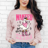 Wanted For Being Extra Western Goose DTF Heat Transfer, cartoon goose wearing cowboy boots, pink hat, bandana, and sunglasses on pink sweatshirt.