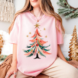 Brushstroke Christmas Tree DTF Heat Transfer, decorative Christmas tree design on a pink T-shirt.