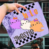 Hello Ghostie DTF Heat Transfer, colorful cartoon ghost cats with bows on a purple background with the words hello ghostie