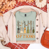 Girl's Gotta Have Options Witch Brooms DTF Heat Transfer, decorative t-shirt featuring witch brooms with autumn leaves and pumpkins for fall Halloween costume.