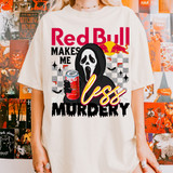 Red RB Makes Me Less Murdery DTF Heat Transfer, graphic design of a cartoon ghost wearing a hoodie, holding a Red Bull energy drink. The design features bold red, black, and yellow text with Halloween themed elements on a white T-shirt.