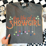 The Life Of A SG DTF Heat Transfer, colorful and decorative heat transfer design on a gray T-shirt.