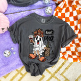 Haunt Mess DTF Heat Transfer, Halloween-themed graphic T-shirt with a cartoon ghost holding a glass of wine and sitting next to a bottle and a crate.