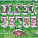 Football Number Sequin Patch, set of shiny sequin patches in football jersey numbers from 0 to 9 on a green football field background.