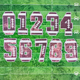 Football Number Sequin Patch, metallic football jersey numbers from 0 to 9 with stitched appearance design on a green football field background.