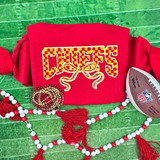 Chiefs Checkered Bow Chenille & Sequin Patch, red fabric with colorful checkered bow design and sequin embellishments.