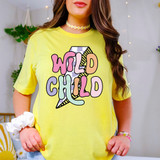 Retro Wild Child Bolt DTF Heat Transfer, colorful graphic print of a pencil with the words 'Wild Child' on a yellow t-shirt worn by a woman.