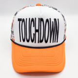 TOUCHDOWN Puff Embroidered HAT/POCKET Patch, bright orange baseball cap with puff embroidered text and patch design.