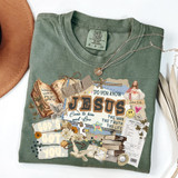 Do You Know Jesus Collage DTF Heat Transfer, intricate religious-themed paper collage on a green T-shirt with Bible verses, Jesus Christ, and symbolic elements.