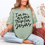 I'm On A Work Trip For Jesus BLACK DTF Heat Transfer, a woman sitting on a couch holding a mug, wearing a green T-shirt with the phrase 'I'm on a work trip for Jesus' printed on it.
