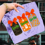 Sprite Halloween Cans DTF Heat Transfer, colorful Halloween themed Sprite can designs with pumpkins and ghosts.