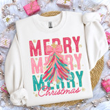 Merry Merry Merry Christmas DTF Heat Transfer sweatshirt, decorative Christmas tree design with pink, teal, gold colors, surrounded by festive beads and gift boxes.