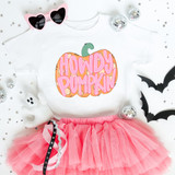 Retro Howdy Pumpkin DTF Heat Transfer, cartoon-style pumpkin with pink lettering saying 'Howdy Pumpkin' on a white t-shirt surrounded by Halloween decorations.