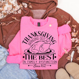 Thanksgiving Dysfunction DTF Heat Transfer, pink sweatshirt with fried chicken graphic and humorous Thanksgiving message.
