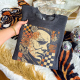 Floral Character DTF Heat Transfer, Cool grey T-shirt featuring a stylized illustrated woman's face with floral and geometric patterns.