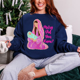 Mary Did You Know Faux Glitter DTF Heat Transfer, Christmas-themed sweatshirt with a glitter design of Mary holding baby Jesus and the text 'Mary Did You Know?'