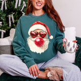 Red Santa Bubble with Heart Glasses DTF Heat Transfer, festive holiday Christmas sweater featuring Santa Claus with heart-shaped glasses and a bubble nose.