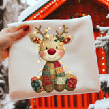 Christmas Patchwork Reindeer DTF Heat Transfer, festive decor for holiday clothing and accessories.