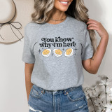 You Know Why I'm Here Deviled Eggs DTF Heat Transfer, a gray T-shirt with a humorous printed design of three deviled eggs and the text 'You Know why I'm here'.