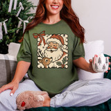 Rustic Santa & Reindeer DTF Heat Transfer, Christmas-themed graphic design on a green T-shirt featuring Santa Claus, a reindeer, holly, and festive elements.