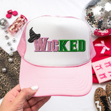 Wicked Faux Embroidery DTF Heat Transfer, pink and white trucker hat with embroidered witch hat and 'WICKED' text in pink and green, used for apparel decoration