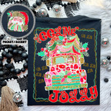 Feeling Jolly Leopard Truck SET DTF Heat Transfer, colorful holiday-themed design on a black shirt featuring a leopard truck decorated with Christmas foliage, ornaments, and cheerful text for festive apparel.