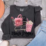 Faux Yarn Black Friday Crew DTF Heat Transfer, black crewneck sweatshirt with a digital design of a shopping cart filled with pink faux yarn items and a drink cup, celebrating Black Friday shopping.