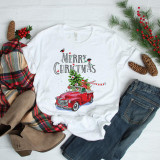 Merry Christmas Dachshund Truck Christmas Tree Sublimation Transfer, festive holiday design on white T-shirt featuring a red truck carrying a decorated Christmas tree, dachshund dog, and holiday symbols.