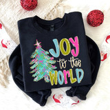 Joy To The World Bow Christmas Tree DTF Heat Transfer, colorful holiday design on a black sweatshirt with Christmas decorations in the background.