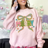 Faux Yarn Merry Bow DTF Heat Transfer, colorful embroidered Christmas sweater with a Christmas tree and bow design.