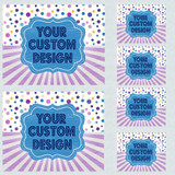 Custom DTF Transfers - INDIVIDUAL SIZES, vibrant digital print of customizable transfer sheets with blue background and purple patterned radiating lines, ideal for apparel decoration.