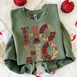 Faux Quilted HOHO DTF Heat Transfer, green sweatshirt with festive holiday letters design in red and plaid patterns.