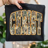 Christ RT Camo DTF Heat Transfer, camouflage pattern designed on the text.