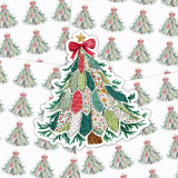 Patchwork Christmas Tree Sticker Sheet, decorative holiday adhesive sticker sheet with multiple festive patchwork Christmas trees featuring various patterns, colors, and embellishments.