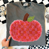 Faux Yarn Pink And Orange Pumpkin DTF Heat Transfer, pink and orange pumpkin design made from plush faux yarn with green and brown embroidered leaf and stem, for textiles and crafts.