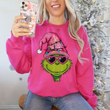 Faux Yarn Pink Green Guy DTF Heat Transfer, a colorful Christmas-themed design featuring the Grinch wearing a pink Santa hat with glittery details, pink heart-shaped sunglasses, and holiday lights.