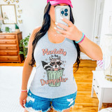 Mentally In The Dumpster DTF Heat Transfer, a woman taking a mirror selfie wearing a tank top with a graphic of a raccoon in a trash can and the text 'Mentally in the Dumpster'.