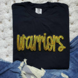 Warriors Gold Sequins Patch, gold glittery sequins patch with the word 'Warriors' on a black T-shirt.