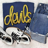 Devils Gold Sequins Patch, a gold glittered patch spelling 'devils' in cursive script placed on a navy blue clothing item.