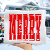 Classic RED Merry DTF Heat Transfer, red and white Christmas-themed heat transfer vinyl with the word "MERRY" in bold, decorative font, suitable for holiday clothing and accessories.