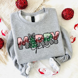 Patterned Merry Titles DTF Heat Transfer, festive Christmas themed design on a gray sweatshirt with holiday motifs and colors.