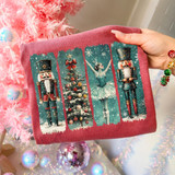 Christmas Ballet Nutcracker DTF Heat Transfer, festive holiday themed fabric with nutcracker soldiers, Christmas tree, and ballerina ballet dancer design.