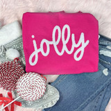 Jolly White Fluffy Chenille Patch, bright pink fabric with the word 'jolly' embroidered in white, soft and textured chenille material, suitable for clothing or accessories.