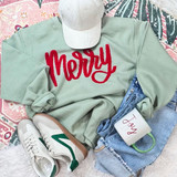 Merry Red Fluffy Chenille Patch, a red fluffy embroidered patch on a light green sweatshirt.
